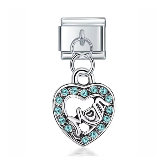 Silver Heart Mom Dangle Charm with Blue Stones - Jewellux