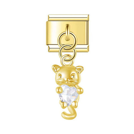 Gold Cat & Heart Dangle Charm - Jewellux